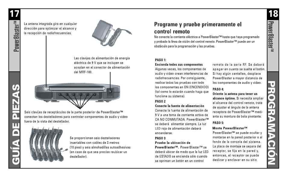 Guía de piezas 17, Programación 18 | Universal Remote Control (URS) POWERBLASTER MRF100B User Manual | Page 11 / 13