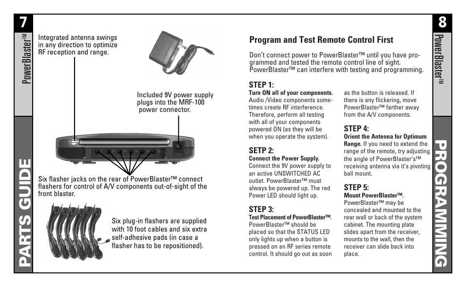 Pa r ts guide 7, Programming 8, Powerblaster | Universal Remote Control (URS) POWERBLASTER MRF100B User Manual | Page 5 / 13