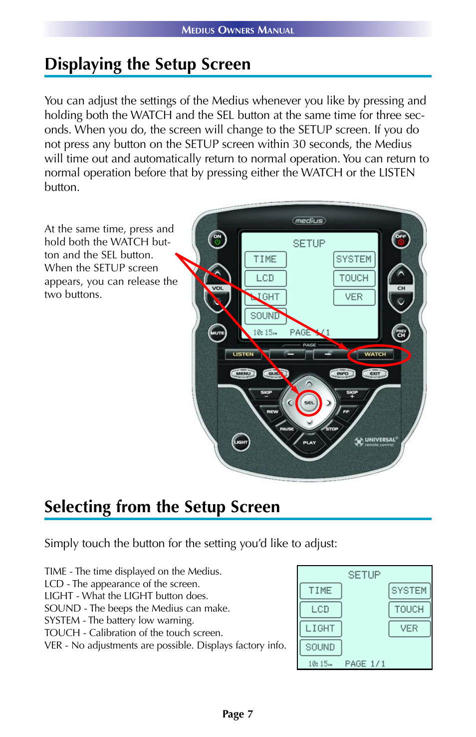 Displaying the setup screen, Selecting from the setup screen | Universal Remote Control (URS) TX-1000 User Manual | Page 10 / 16