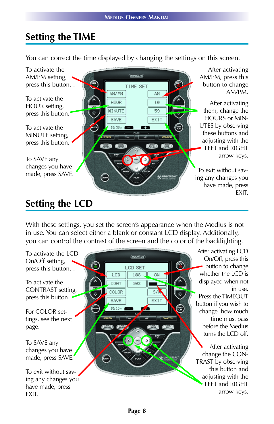 Setting the time, Setting the lcd | Universal Remote Control (URS) TX-1000 User Manual | Page 11 / 16