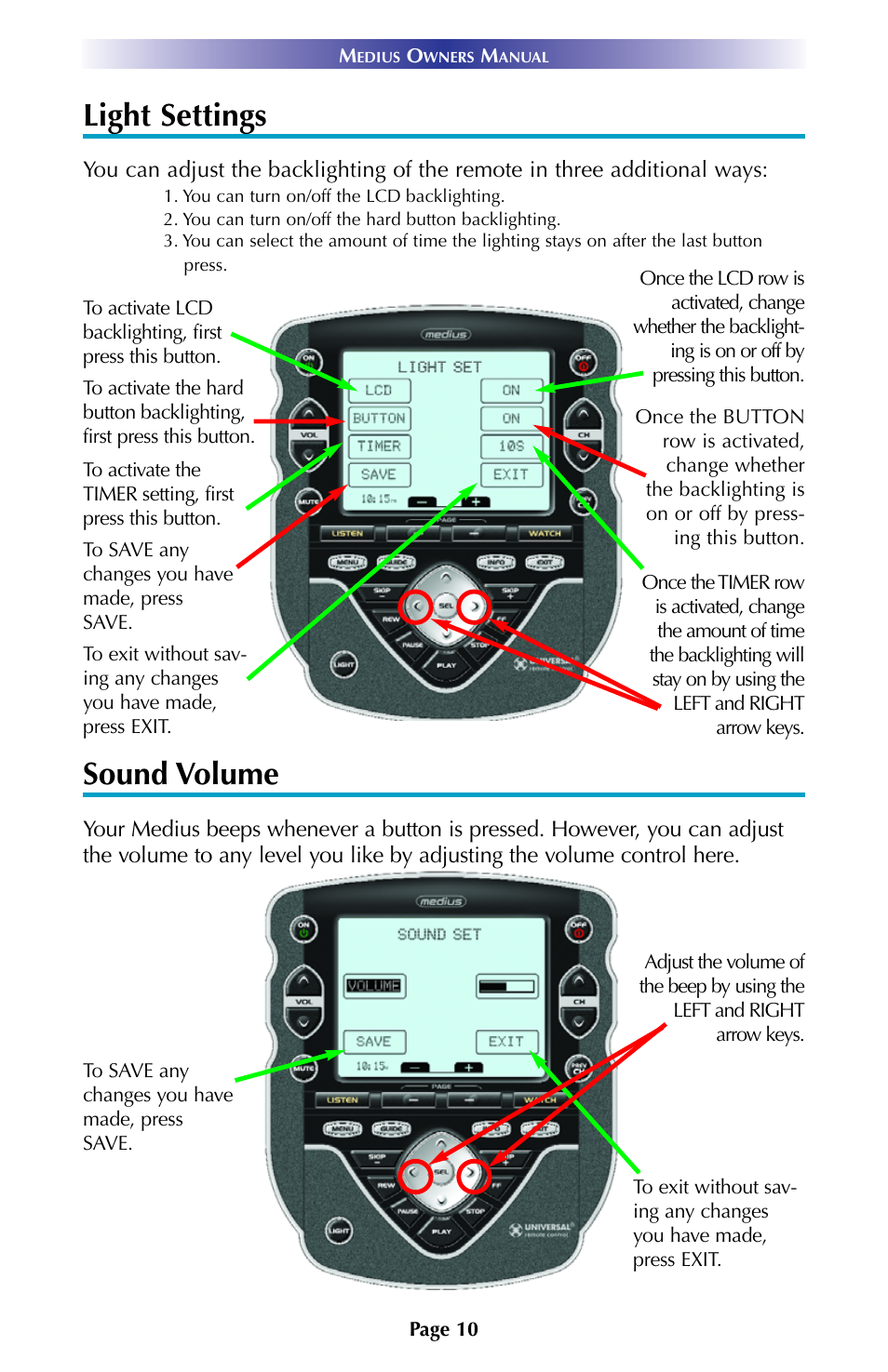 Light settings, Sound volume | Universal Remote Control (URS) TX-1000 User Manual | Page 13 / 16