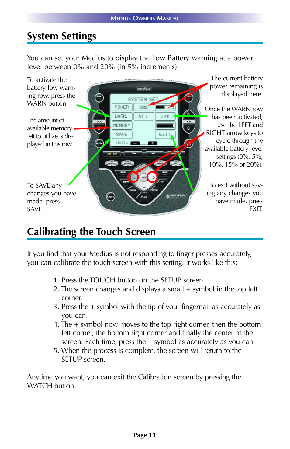 System settings, Calibrating the touch screen | Universal Remote Control (URS) TX-1000 User Manual | Page 14 / 16