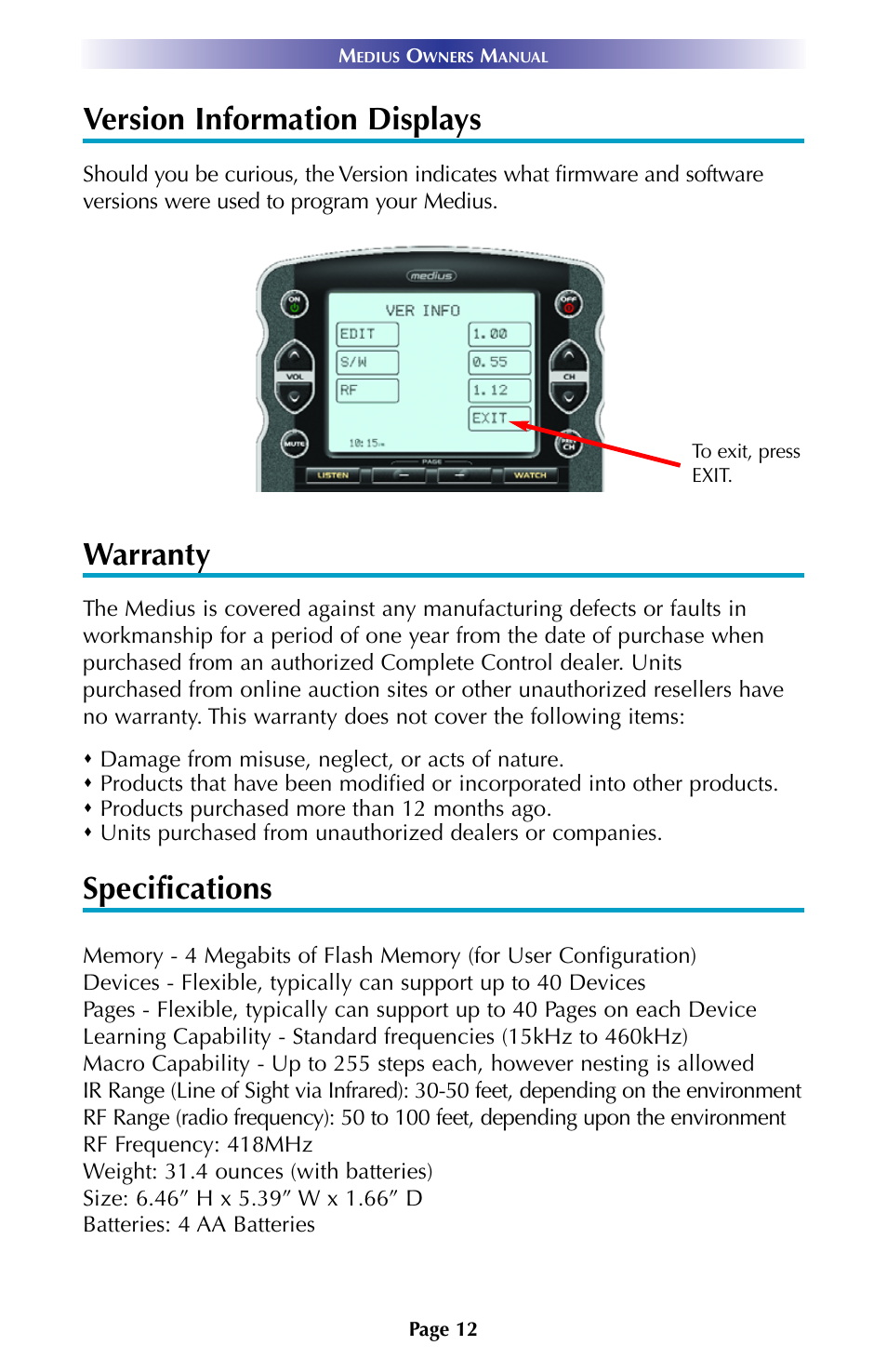 Version information displays, Warranty, Specifications | Universal Remote Control (URS) TX-1000 User Manual | Page 15 / 16