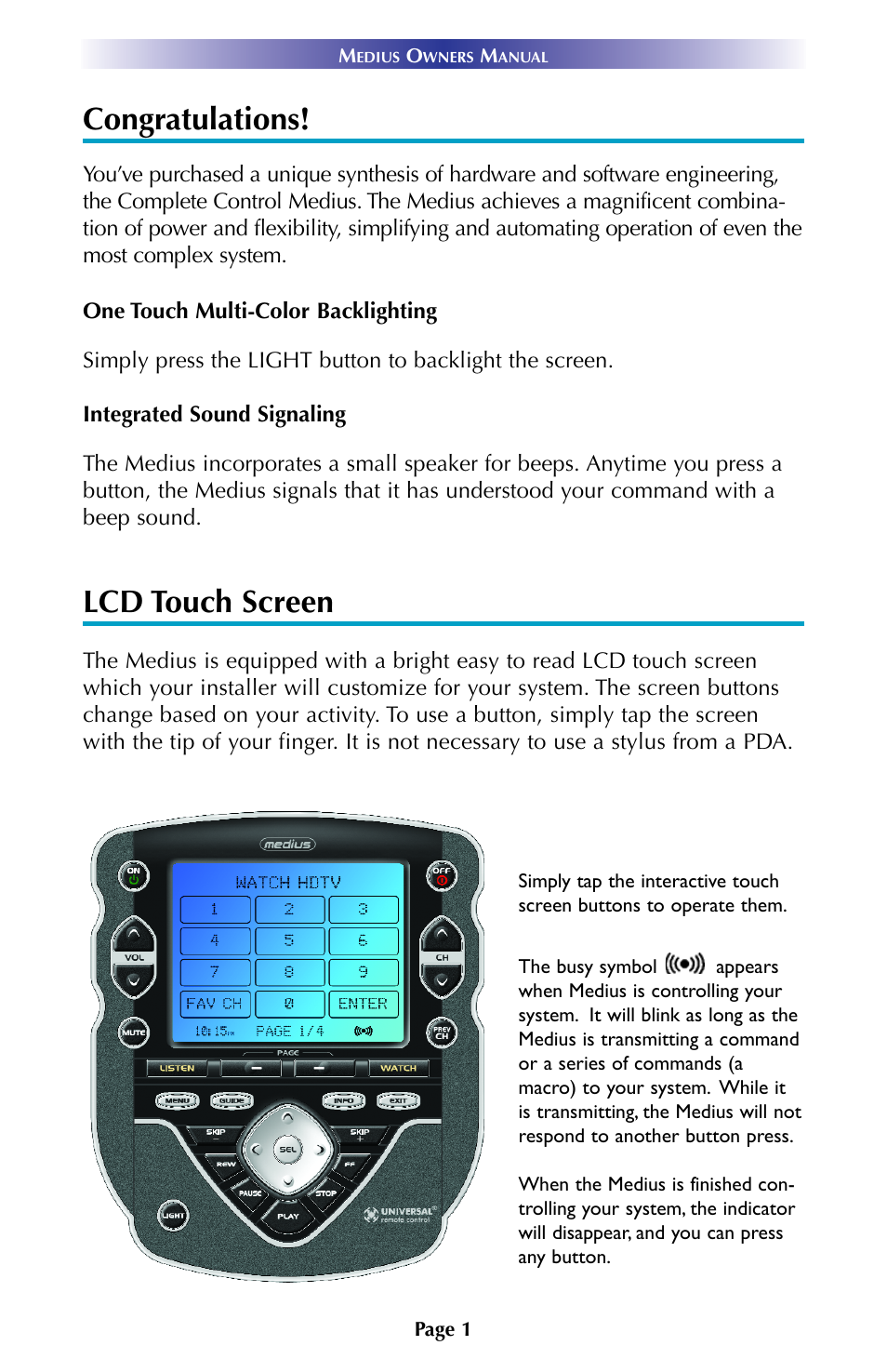 Lcd touch screen | Universal Remote Control (URS) TX-1000 User Manual | Page 4 / 16