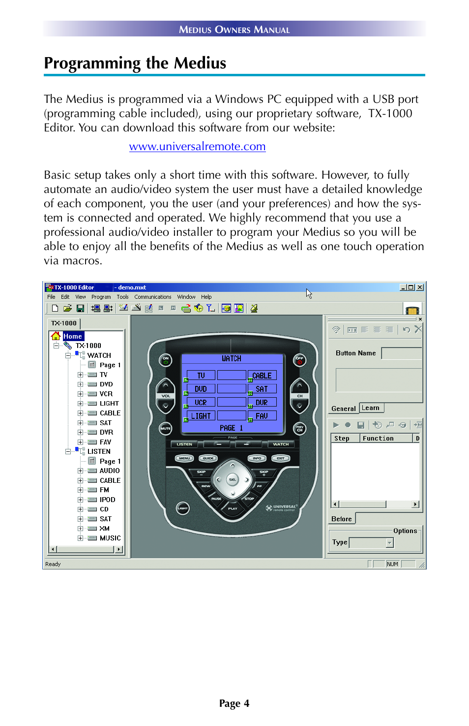 Programming the medius | Universal Remote Control (URS) TX-1000 User Manual | Page 7 / 16