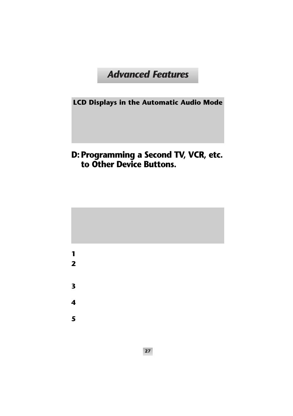 Advanced features, Lcd displays in the automatic audio mode | Universal Remote Control (URS) Universal SL-8000 User Manual | Page 25 / 52