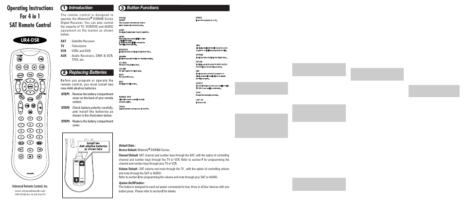 Universal Remote Control (URS) UR4-DSR User Manual | 2 pages