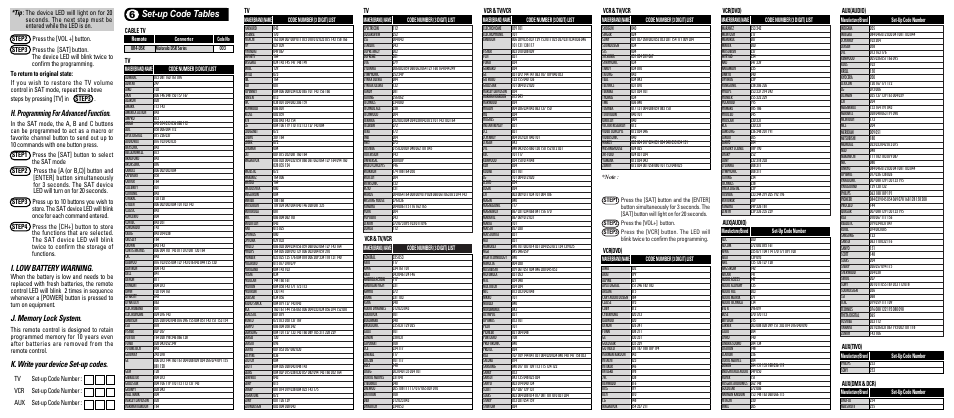 Set-up code tables 6, H. programming for advanced function, I. low battery warning | K. write your device set-up codes, Cable tv, Vcr & tv/vcr, Vcr(dvd), Aux(audio), Aux(tivo), Aux(dmx & dcr) | Universal Remote Control (URS) UR4-DSR User Manual | Page 2 / 2