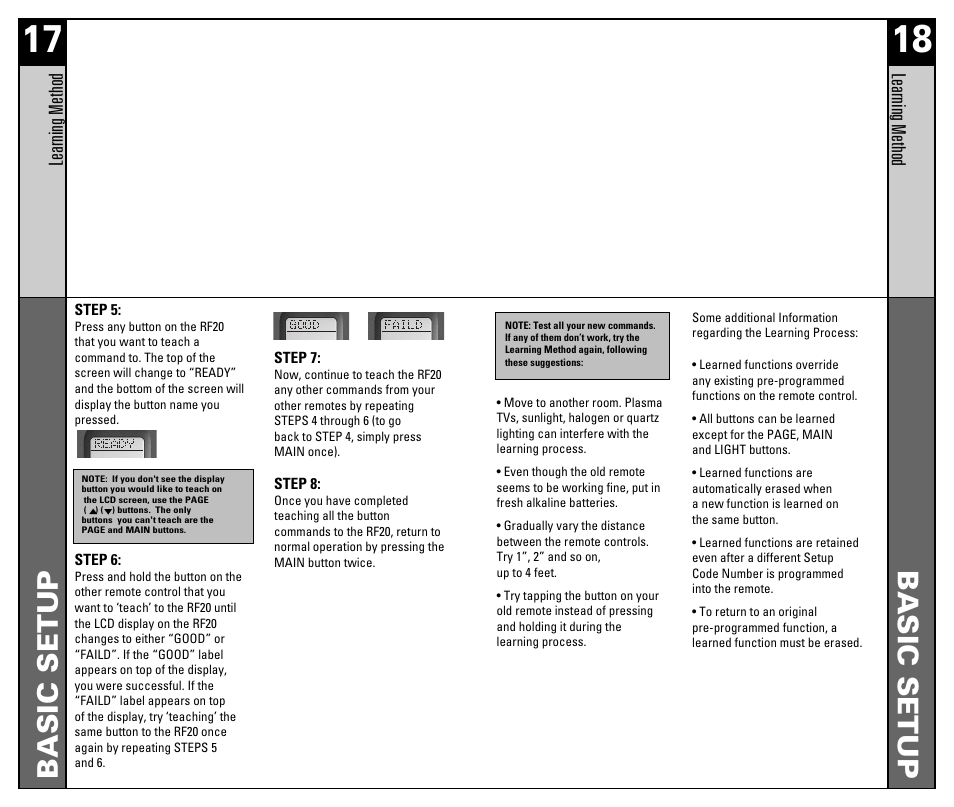 Basic setup, Lear ning method | Universal Remote Control (URS) RF20 User Manual | Page 10 / 35