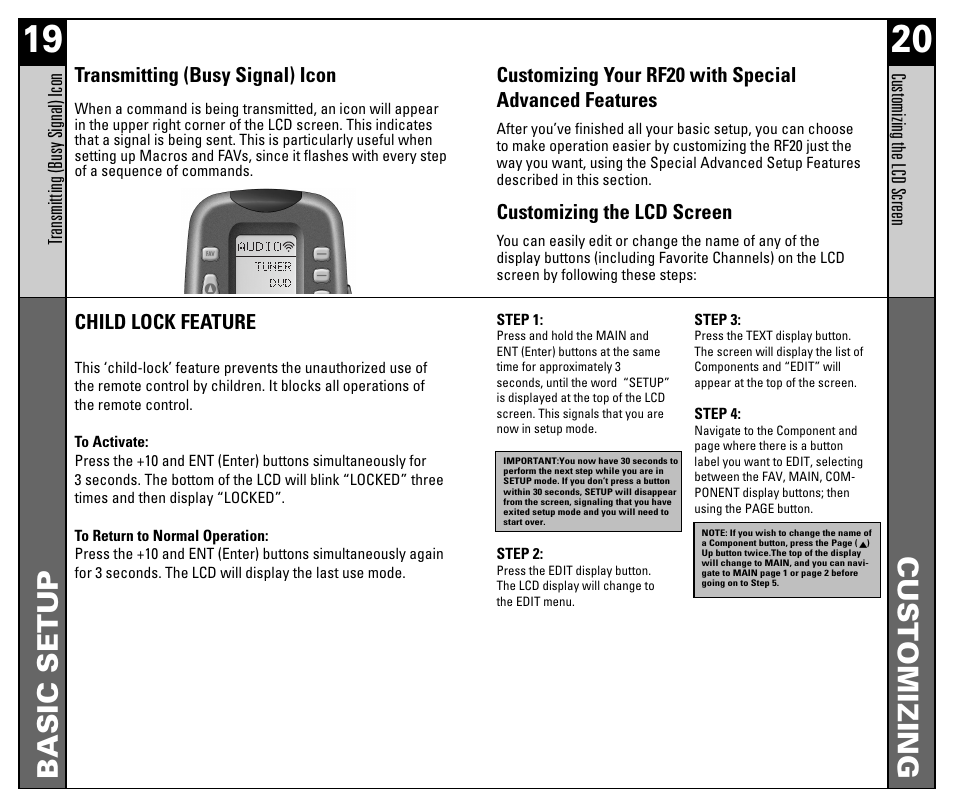 Basic setup customizing | Universal Remote Control (URS) RF20 User Manual | Page 11 / 35