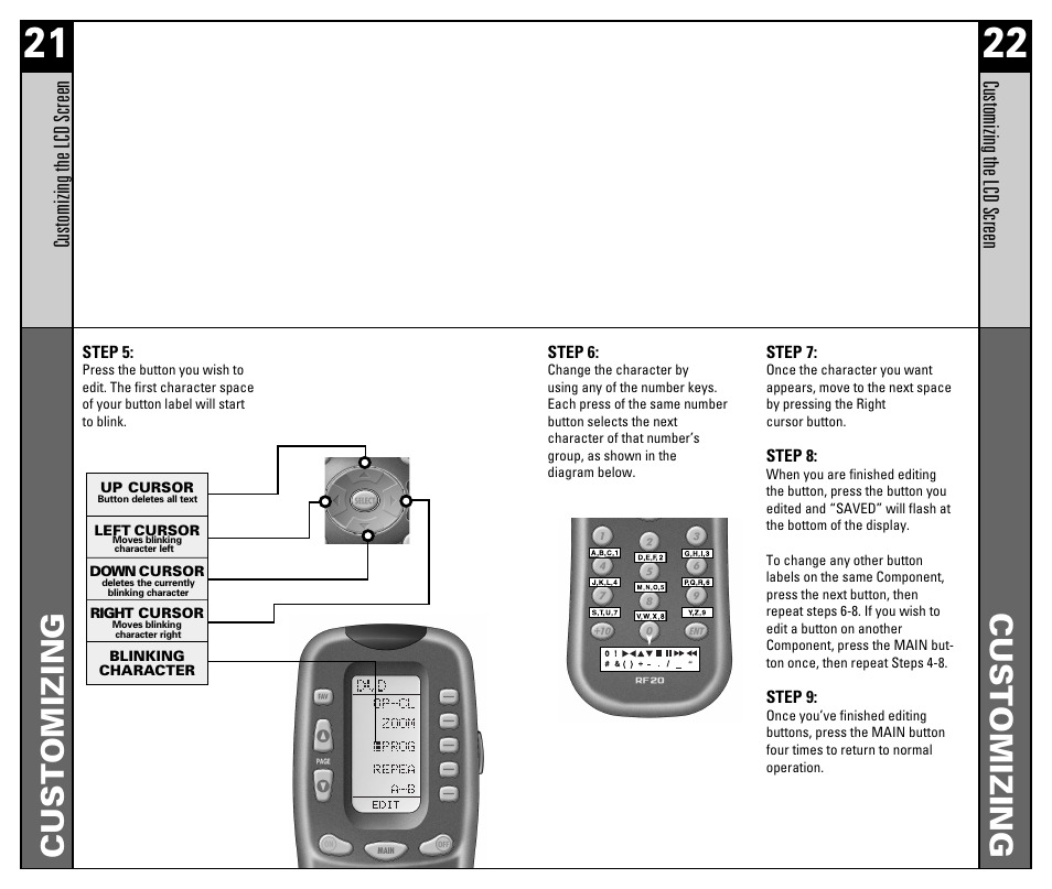 Customizing, Customizing the lcd scr een | Universal Remote Control (URS) RF20 User Manual | Page 12 / 35