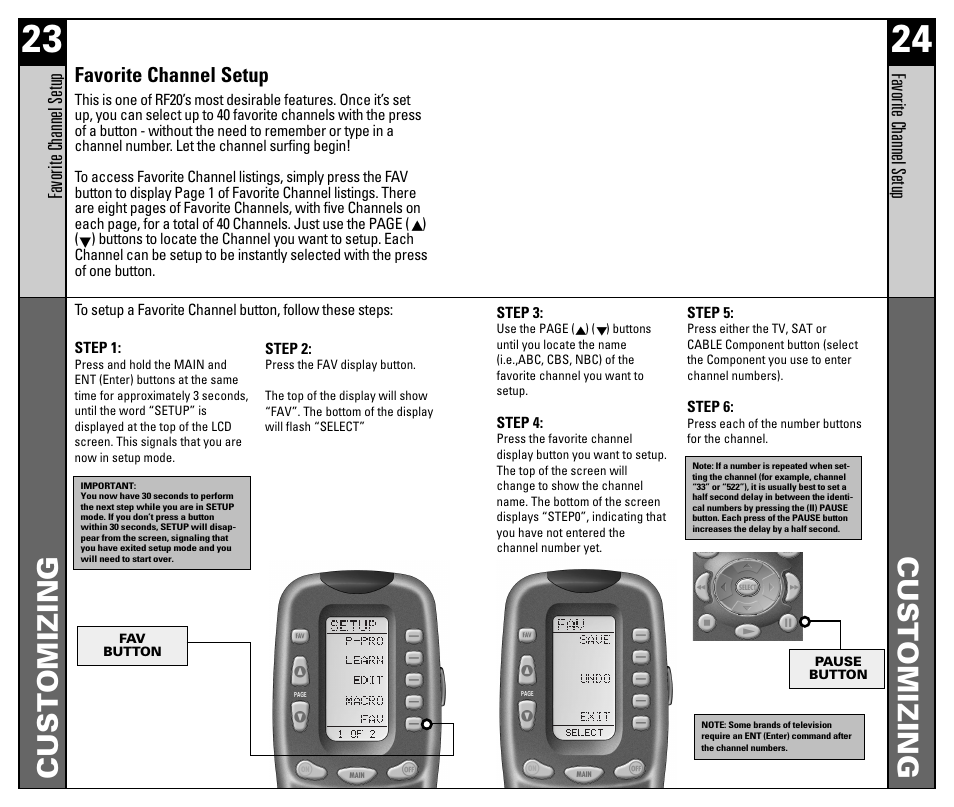 Customizing, Favorite channel setup | Universal Remote Control (URS) RF20 User Manual | Page 13 / 35