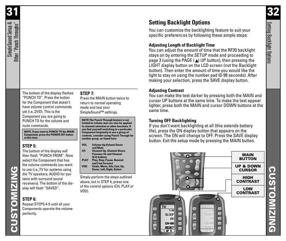 Customizing, Setting backlight options, Simplesound setup & other "punc h thr oughs | Setting bac klight options | Universal Remote Control (URS) RF20 User Manual | Page 17 / 35