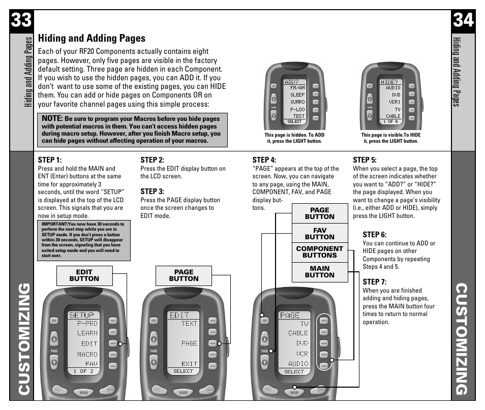 Customizing, Hiding and adding pages | Universal Remote Control (URS) RF20 User Manual | Page 18 / 35