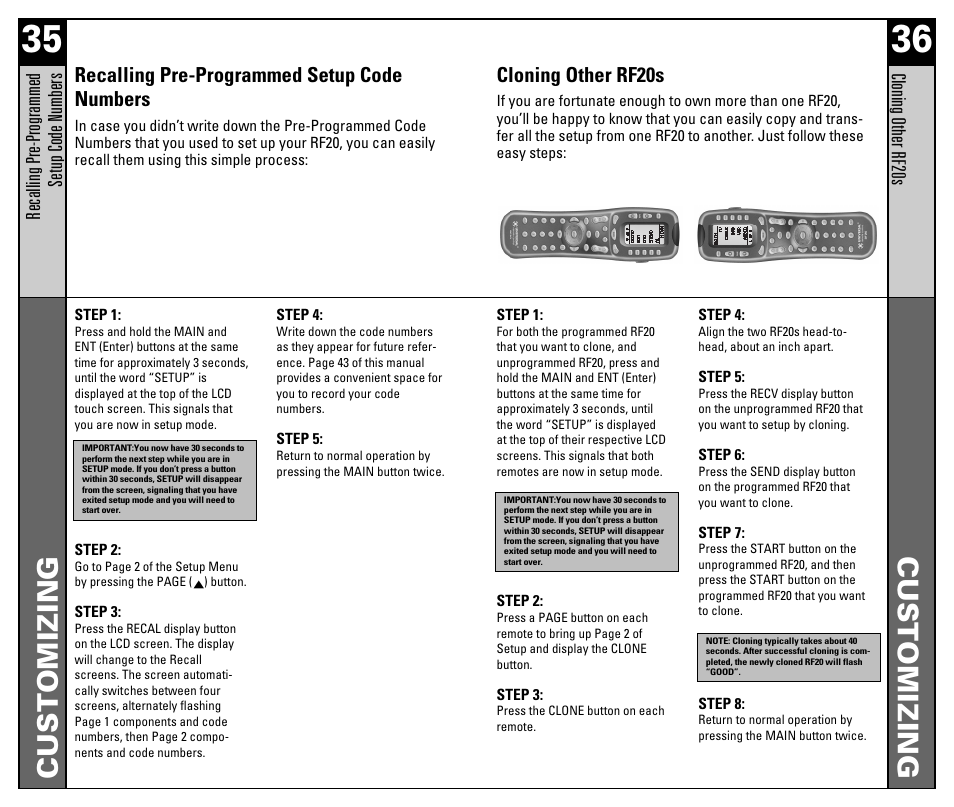 Customizing, Recalling pre-programmed setup code numbers, Cloning other rf20s | Universal Remote Control (URS) RF20 User Manual | Page 19 / 35