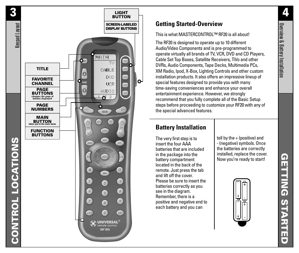 Control loca tions getting st ar ted | Universal Remote Control (URS) RF20 User Manual | Page 3 / 35