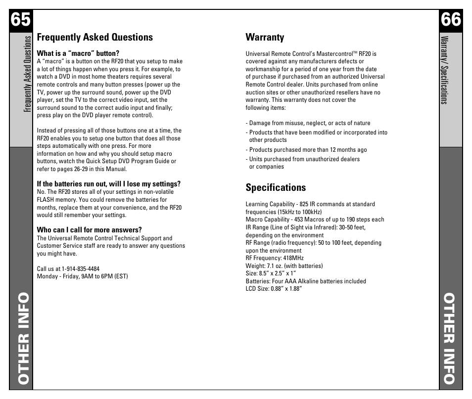 Other info | Universal Remote Control (URS) RF20 User Manual | Page 34 / 35