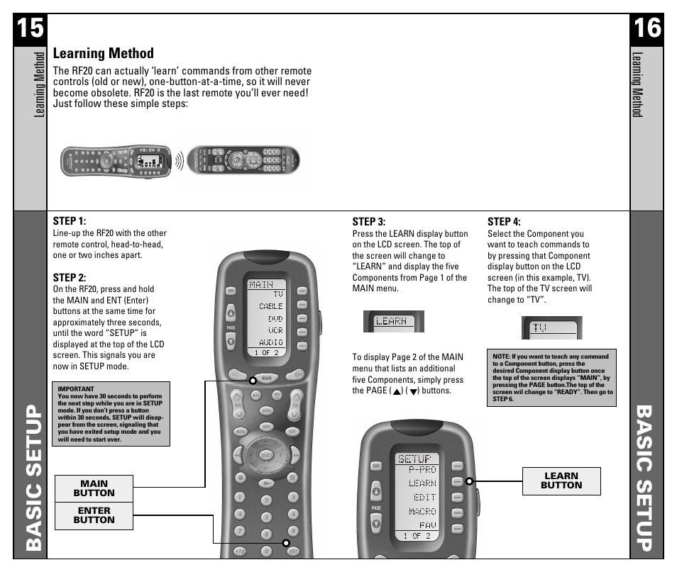 Basic setup, Learning method | Universal Remote Control (URS) RF20 User Manual | Page 9 / 35