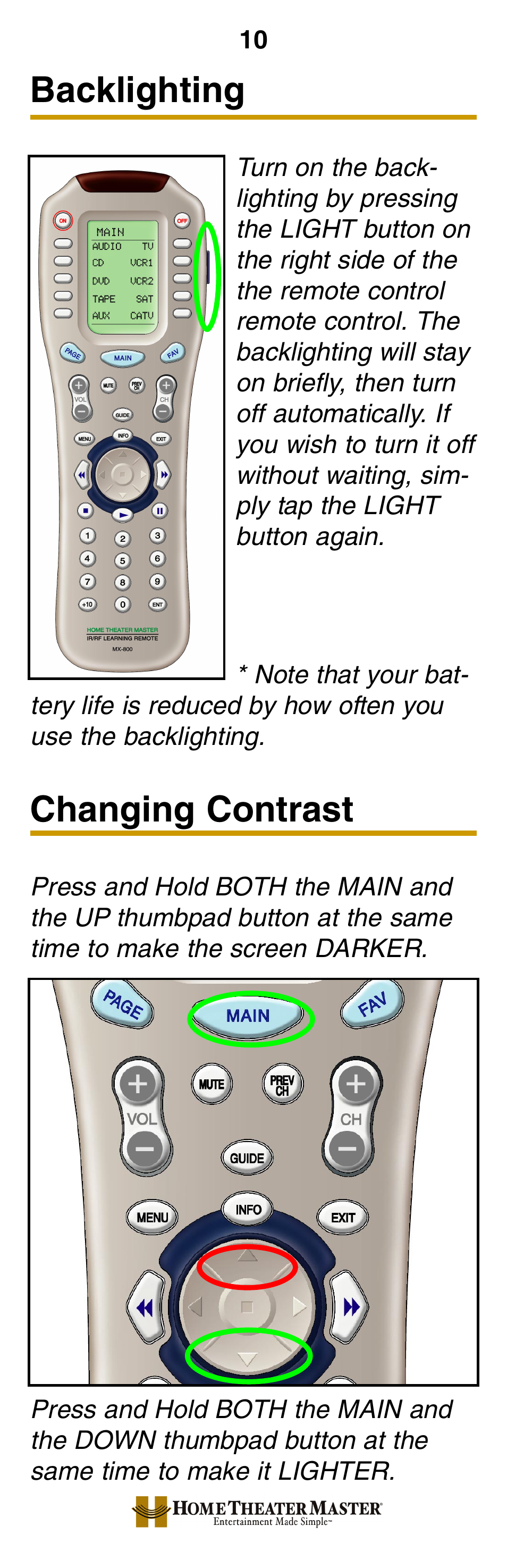 Backlighting, Changing contrast | Universal Remote Control (URS) MX-800 User Manual | Page 13 / 16