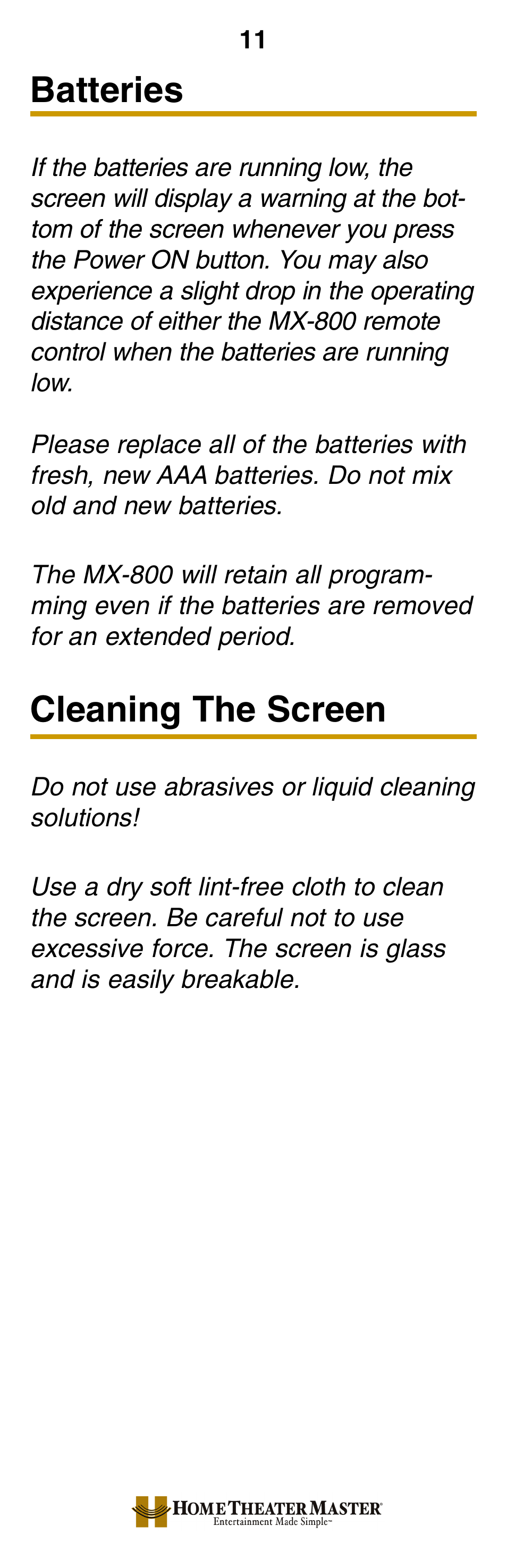 Cleaning the screen, Warranty, Pecifications 12 | Batteries | Universal Remote Control (URS) MX-800 User Manual | Page 14 / 16