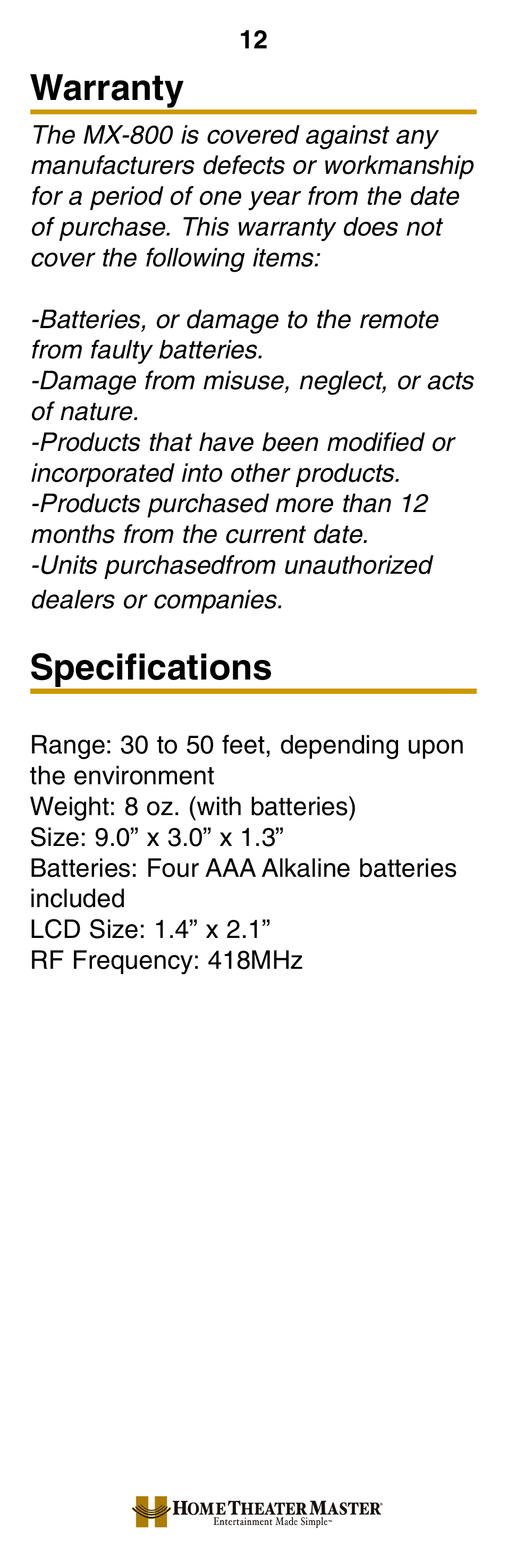 Warranty, Specifications | Universal Remote Control (URS) MX-800 User Manual | Page 15 / 16