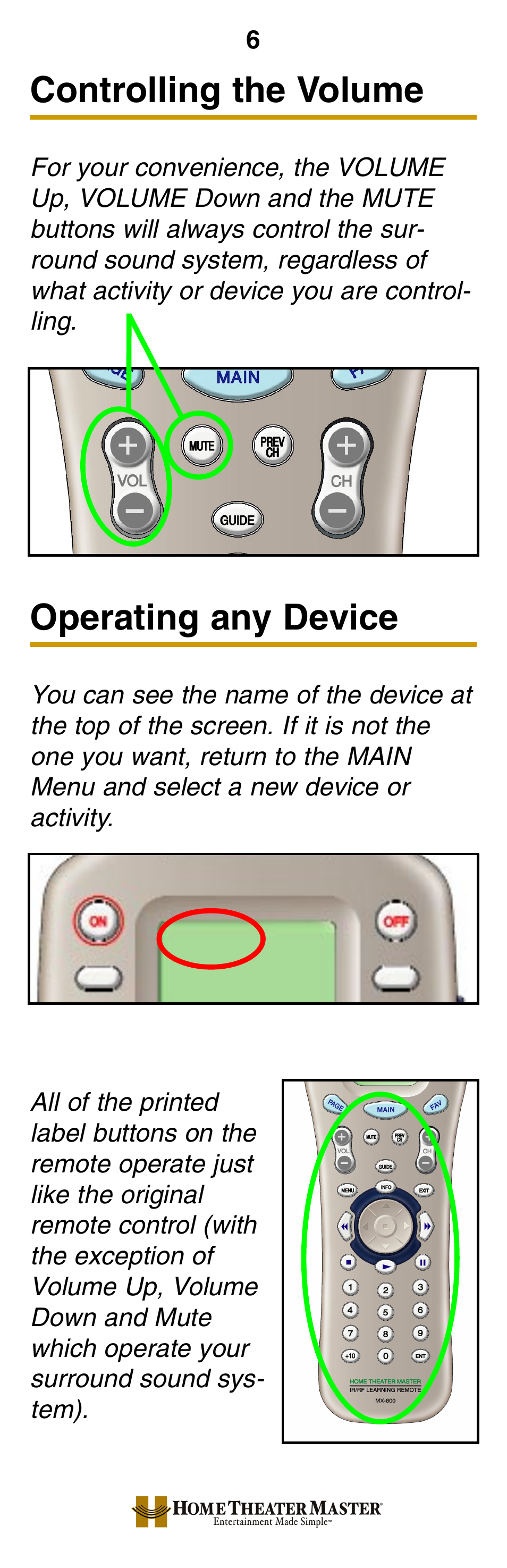 Controlling the volume, Operating any device | Universal Remote Control (URS) MX-800 User Manual | Page 9 / 16