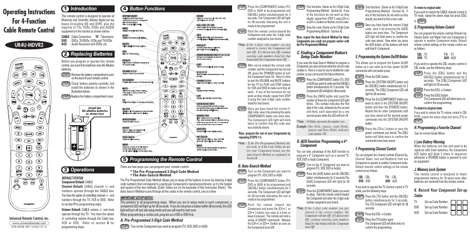 Universal Remote Control (URS) UR4U-MDVR2 User Manual | 2 pages