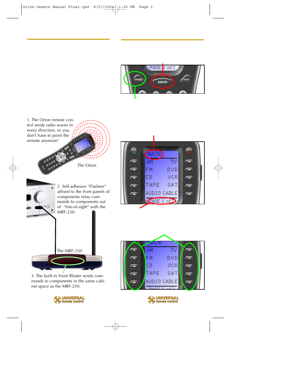 Finding the main menu, Finding the main menu 2, Turn on the system | Using the main menu 4, Select a new activity 4, Select a device only, Controlling the volume 6, Operating any device, Using fav - favorites, Backlighting 10 | Universal Remote Control (URS) MX-850 User Manual | Page 3 / 9