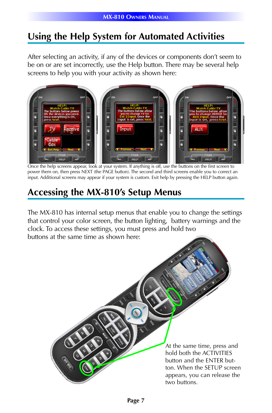 Using the help system for automated activities, Accessing the mx-810’s setup menus | Universal Remote Control (URS) MX-810 User Manual | Page 10 / 20