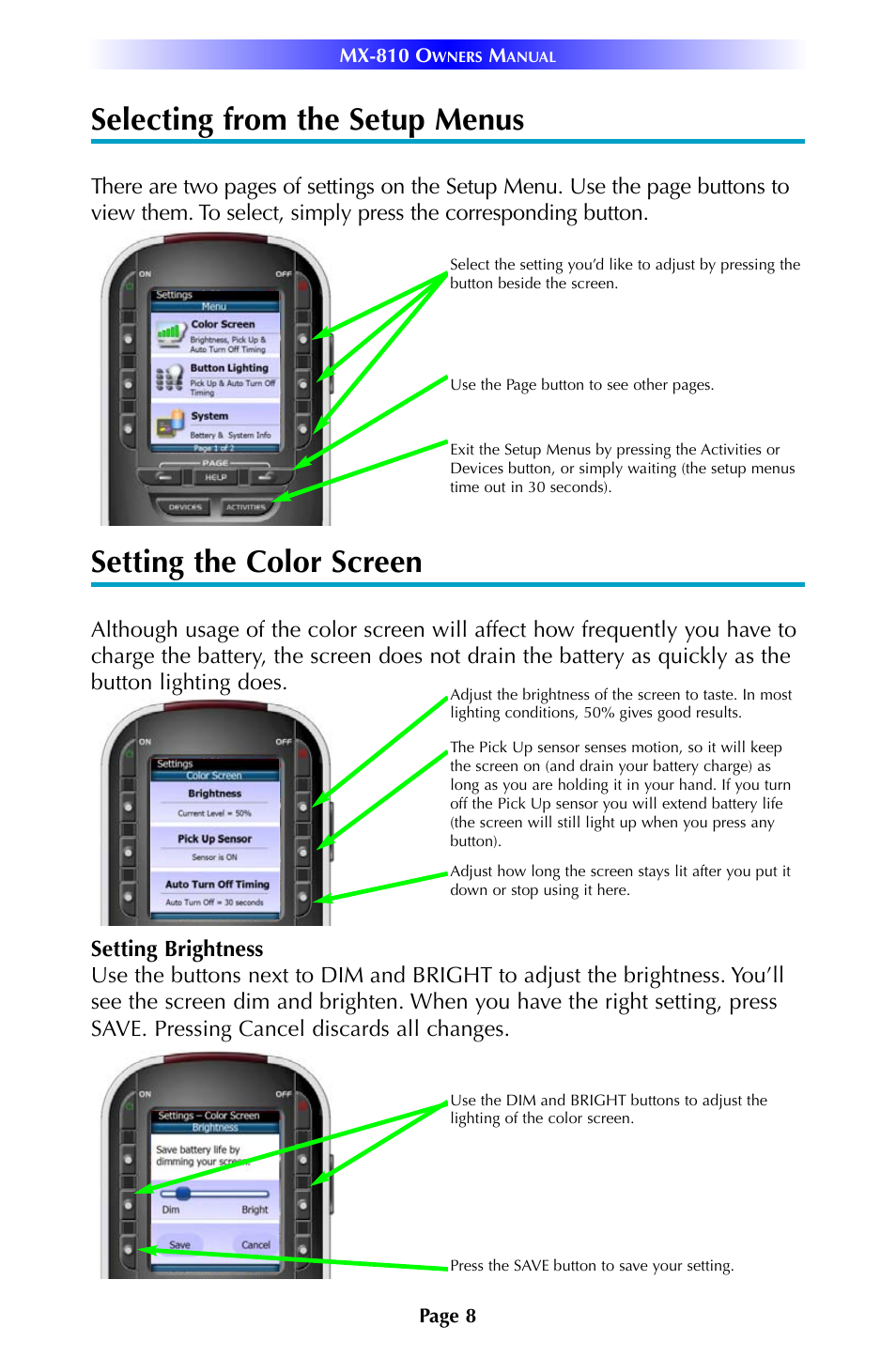 Selecting from the setup menus, Setting the color screen | Universal Remote Control (URS) MX-810 User Manual | Page 11 / 20