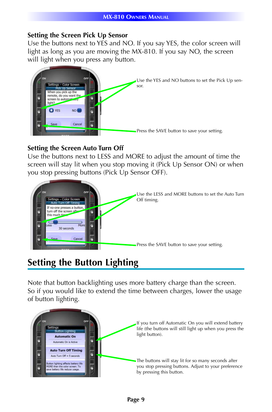 Setting the button lighting | Universal Remote Control (URS) MX-810 User Manual | Page 12 / 20