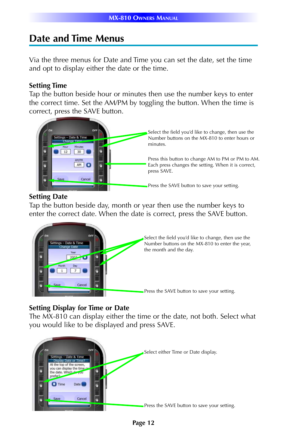 Date and time menus | Universal Remote Control (URS) MX-810 User Manual | Page 15 / 20