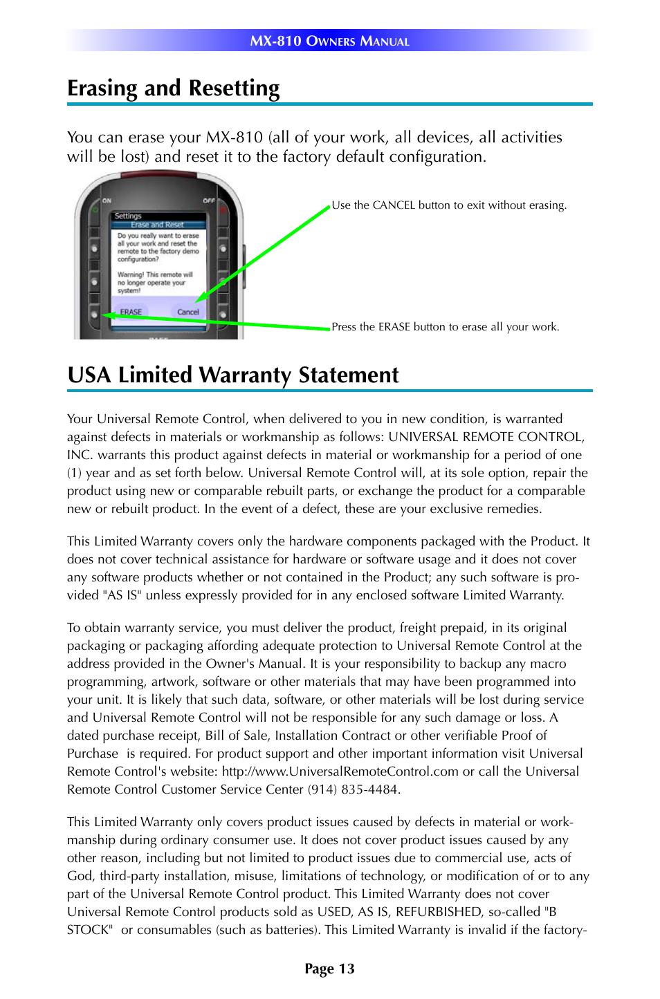 Erasing and resetting, Usa limited warranty statement | Universal Remote Control (URS) MX-810 User Manual | Page 16 / 20