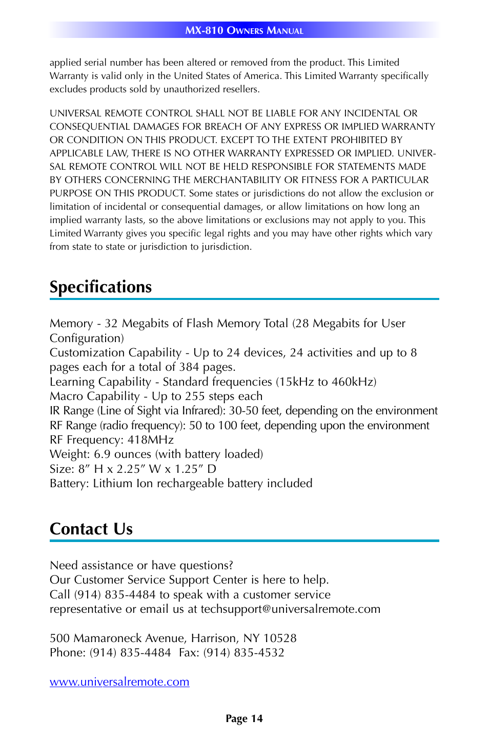 Specifications, Contact us | Universal Remote Control (URS) MX-810 User Manual | Page 17 / 20