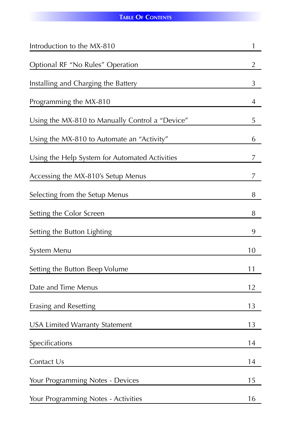 Universal Remote Control (URS) MX-810 User Manual | Page 3 / 20