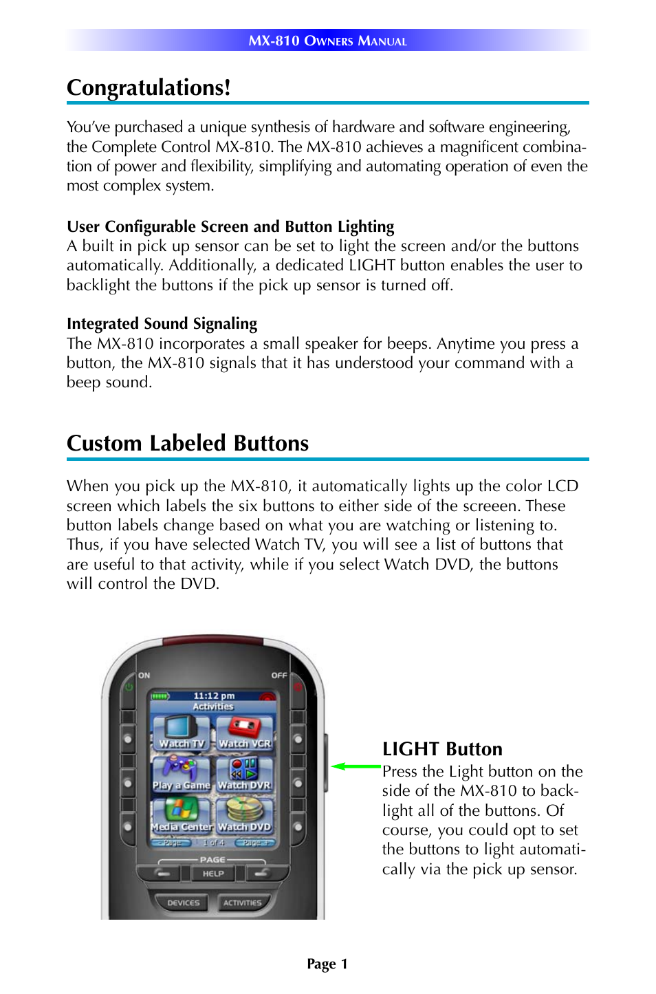 Custom labeled buttons, Light button | Universal Remote Control (URS) MX-810 User Manual | Page 4 / 20