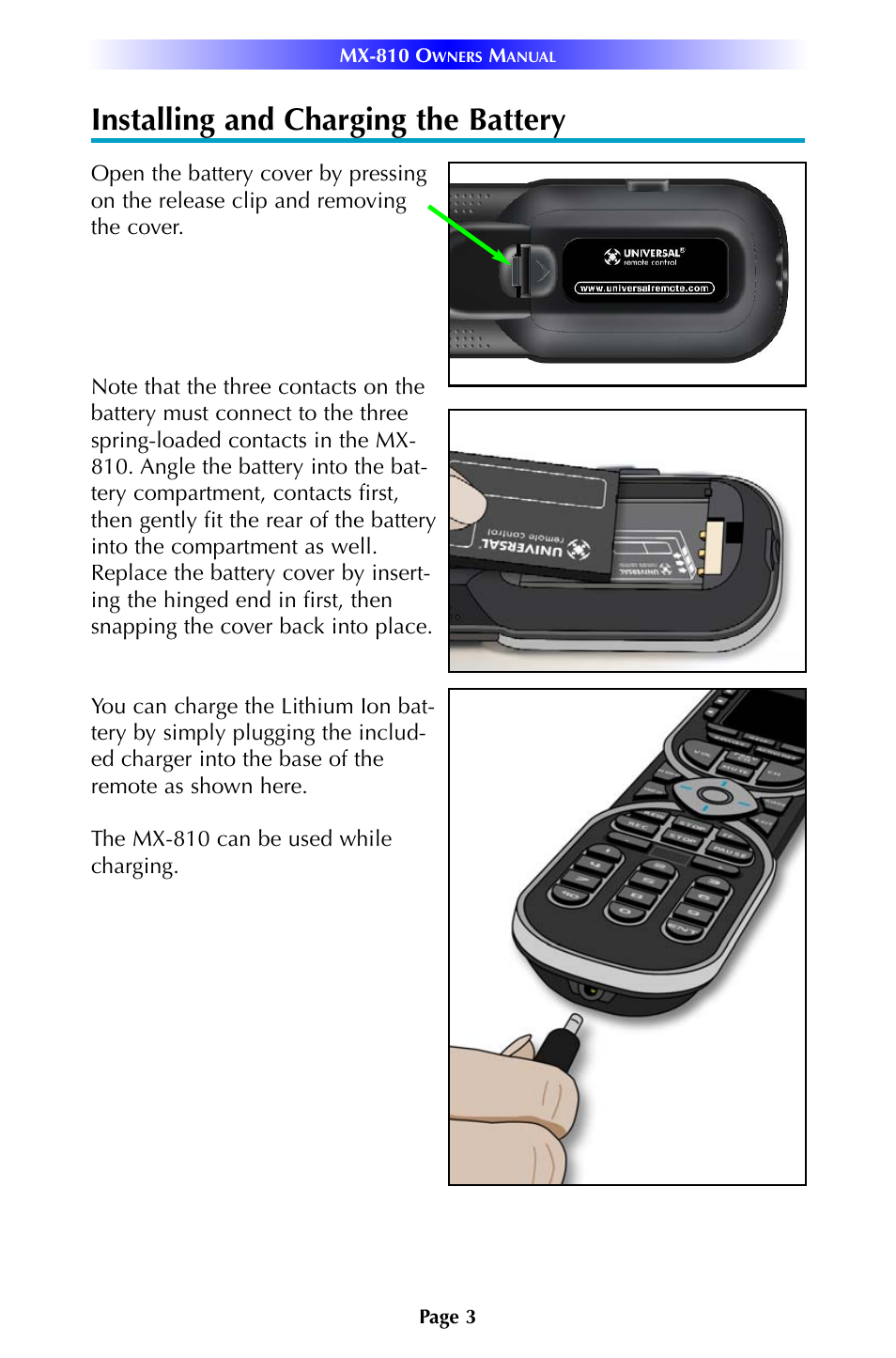 Installing and charging the battery | Universal Remote Control (URS) MX-810 User Manual | Page 6 / 20