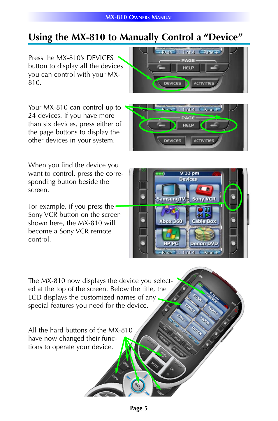 Using the mx-810 to manually control a “device | Universal Remote Control (URS) MX-810 User Manual | Page 8 / 20