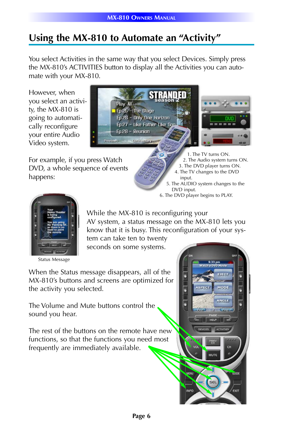 Using the mx-810 to automate an “activity | Universal Remote Control (URS) MX-810 User Manual | Page 9 / 20