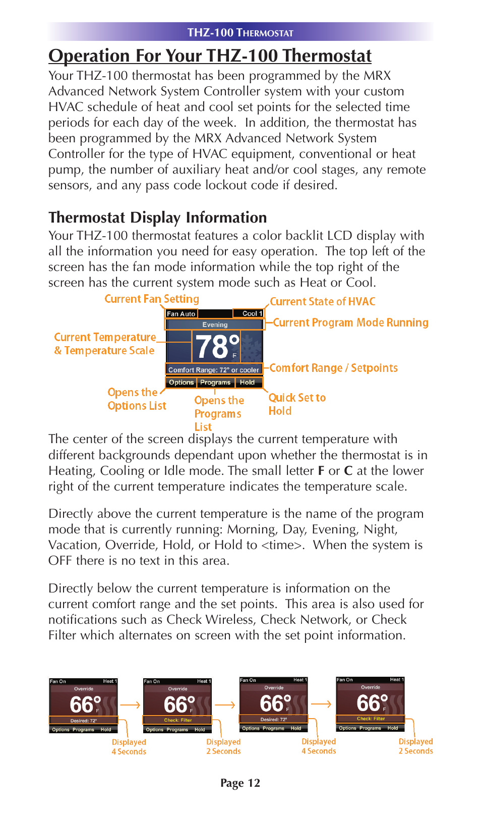 Operation for your thz-100 thermostat, Thermostat display information | Universal Remote Control (URS) Thermostat THZ-100 User Manual | Page 12 / 49