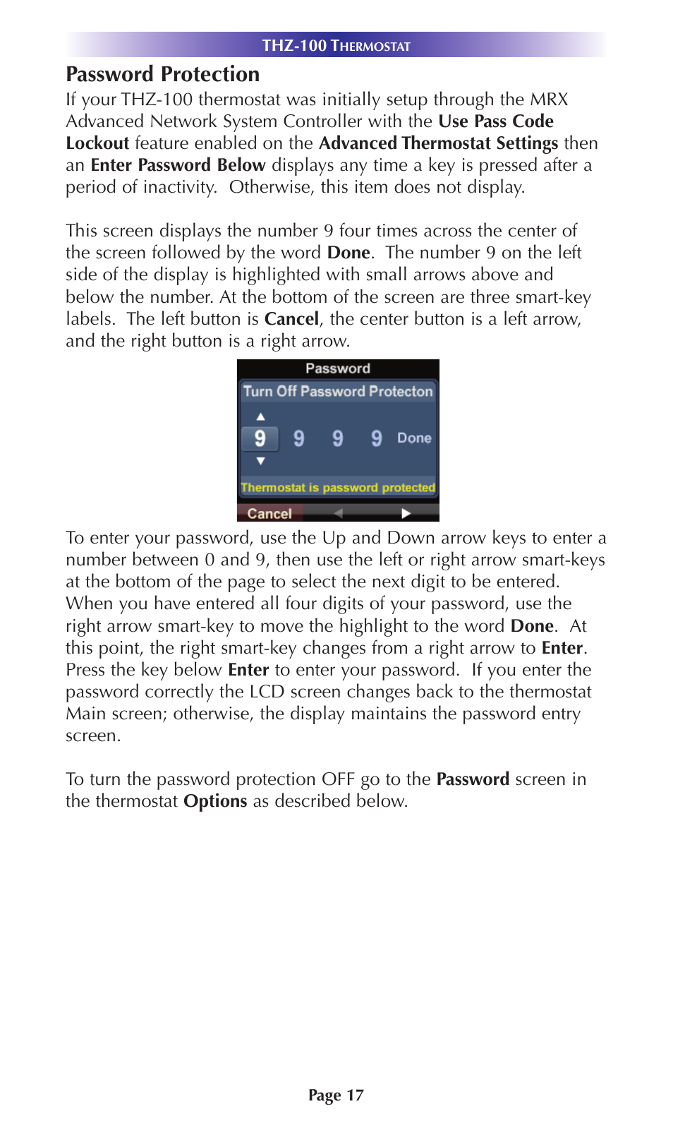 Password protection | Universal Remote Control (URS) Thermostat THZ-100 User Manual | Page 17 / 49