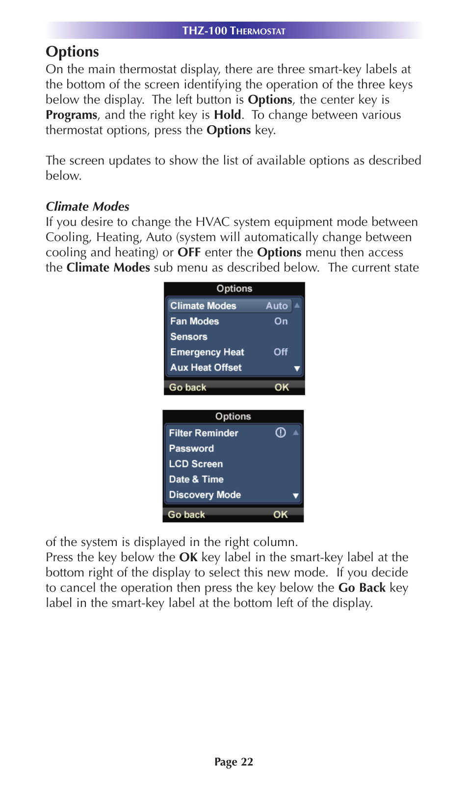 Options, Climate modes | Universal Remote Control (URS) Thermostat THZ-100 User Manual | Page 22 / 49