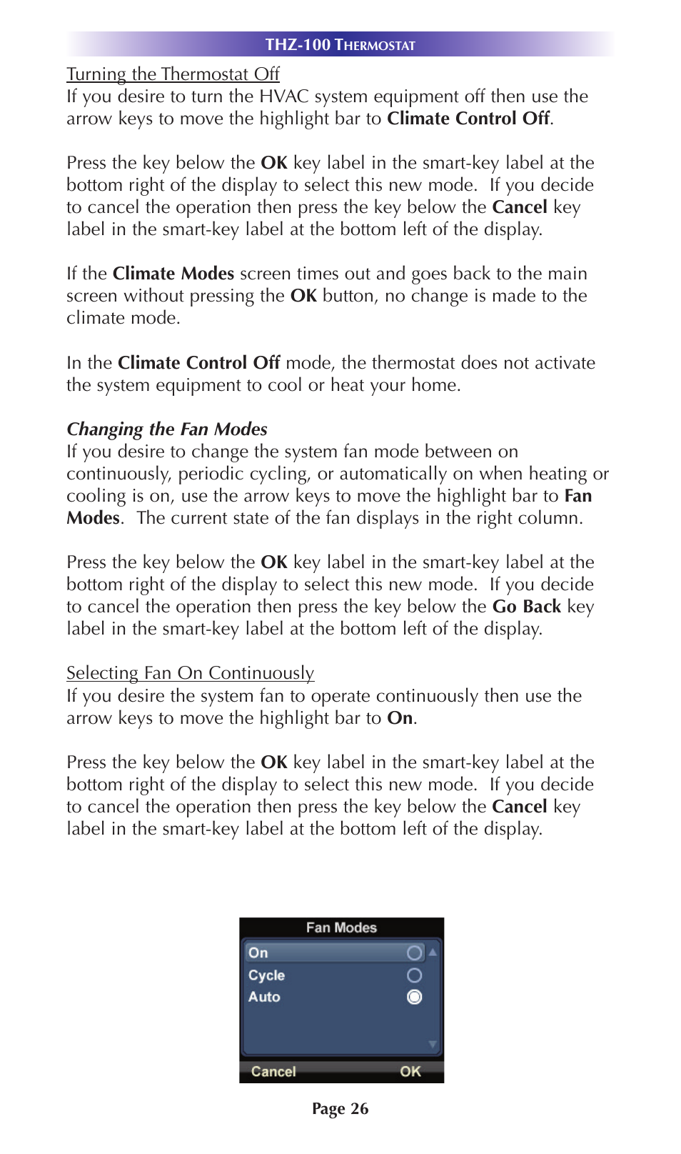 Changing the fan modes | Universal Remote Control (URS) Thermostat THZ-100 User Manual | Page 26 / 49