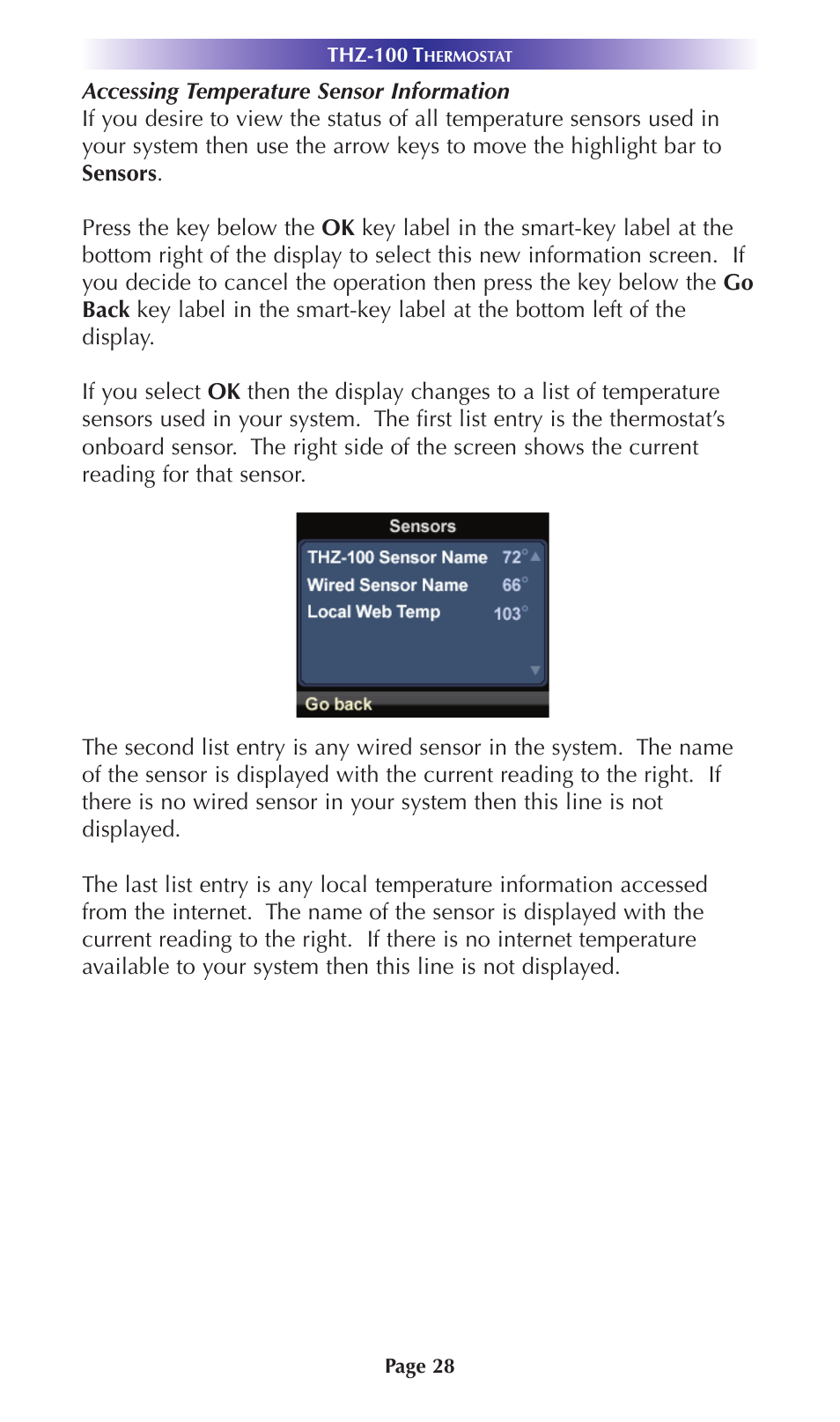 Accessing temperature sensor information | Universal Remote Control (URS) Thermostat THZ-100 User Manual | Page 28 / 49