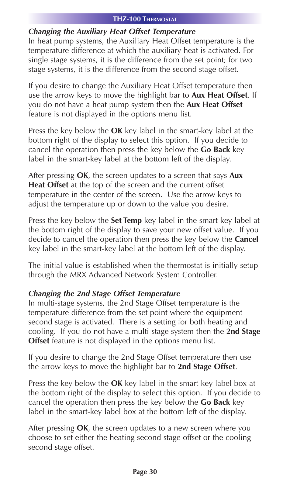 Changing the auxiliary heat offset temperature, Changing the 2nd stage offset temperature | Universal Remote Control (URS) Thermostat THZ-100 User Manual | Page 30 / 49