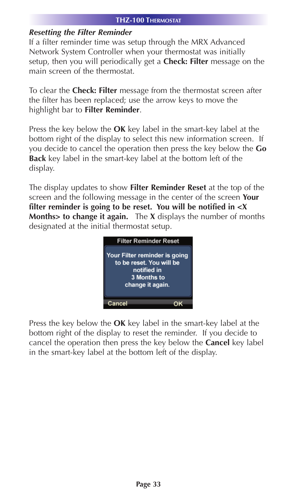 Resetting the filter reminder | Universal Remote Control (URS) Thermostat THZ-100 User Manual | Page 33 / 49