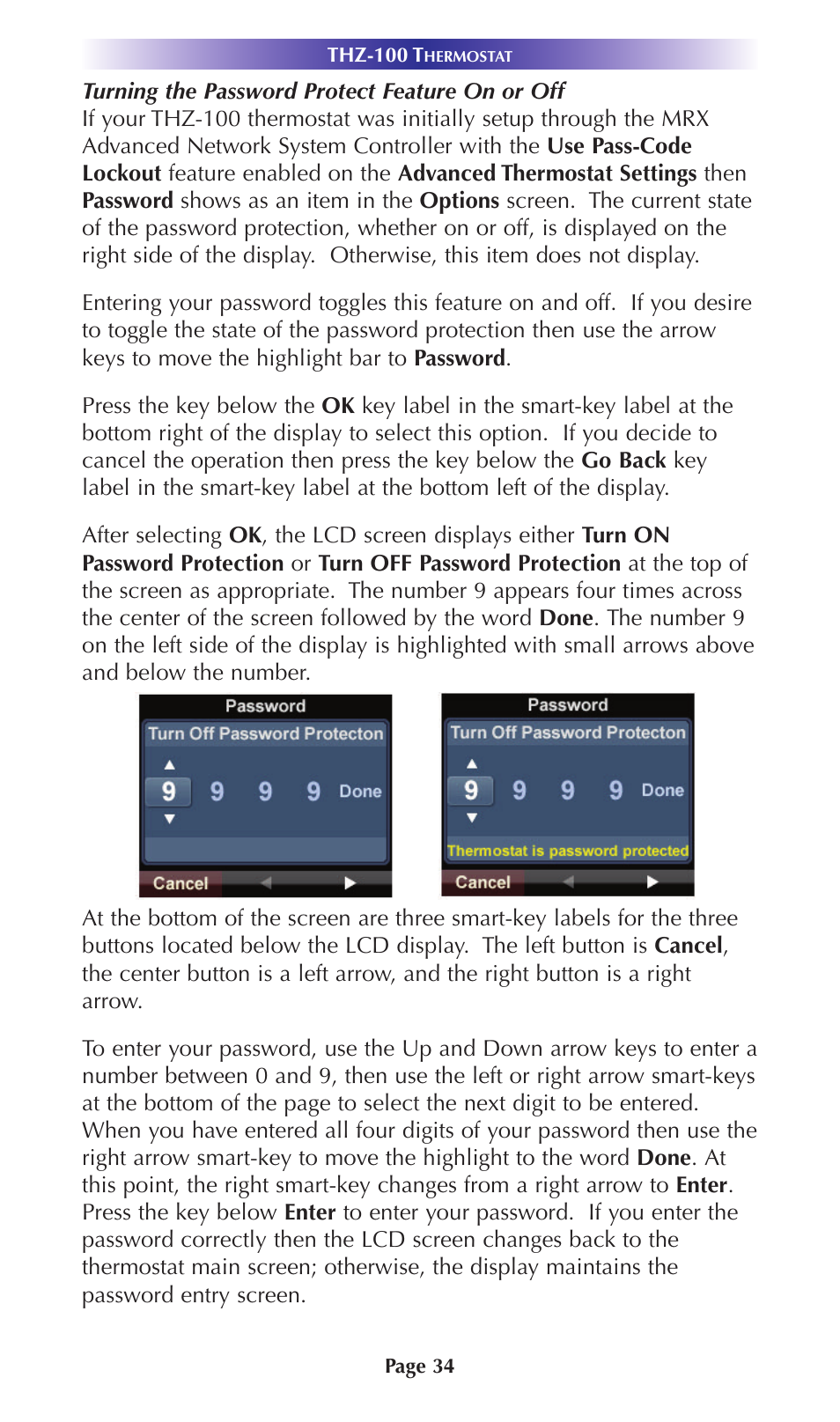 Turning the password protect feature on or off | Universal Remote Control (URS) Thermostat THZ-100 User Manual | Page 34 / 49