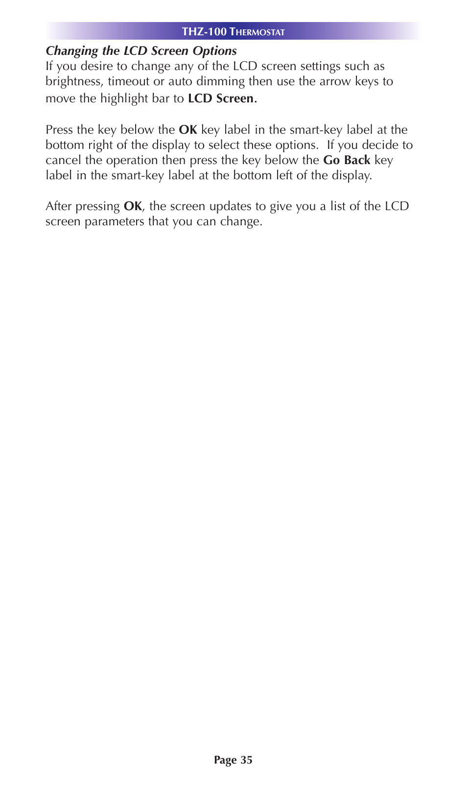 Changing the lcd screen options | Universal Remote Control (URS) Thermostat THZ-100 User Manual | Page 35 / 49