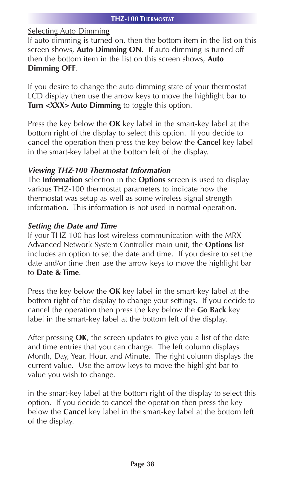 Viewing thz-100 thermostat information, Setting the date and time | Universal Remote Control (URS) Thermostat THZ-100 User Manual | Page 38 / 49