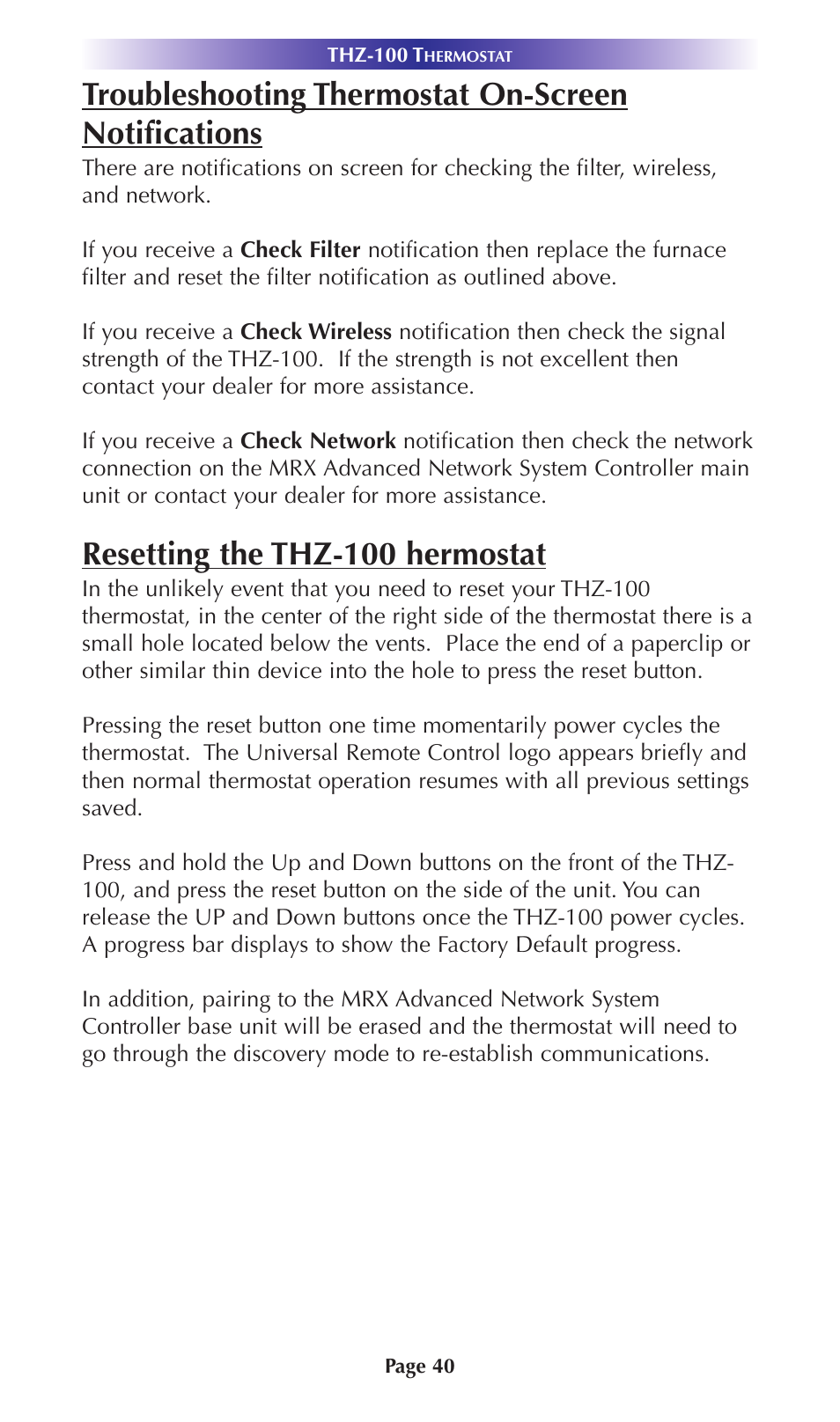 Troubleshooting thermostat on-screen notifications, Resetting the thz-100 hermostat | Universal Remote Control (URS) Thermostat THZ-100 User Manual | Page 40 / 49